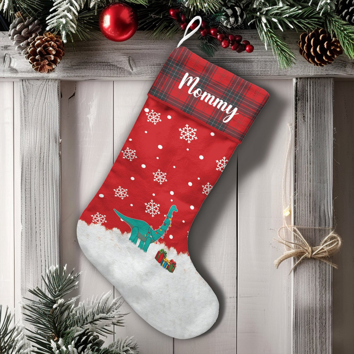 Dino Holiday Lights Stocking, Personalized Dinosaur Christmas Stocking, Adorable Dino Xmas Stocking, Custom Name Kids Holiday