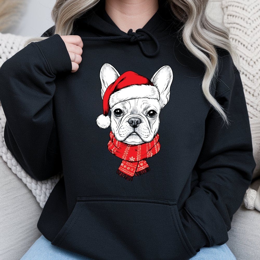 Adorable Santa Hat Frenchie Hoodie, French Bulldog Christmas Hoodie, Humorous Holiday Dog Sweatshirt, Winter Xmas Hooded Pull