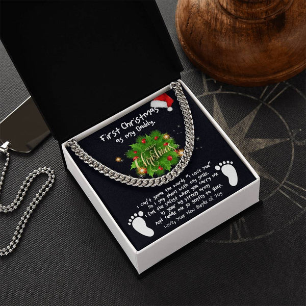 New Dad Message Card Chain, First Christmas Daddy Cuban Link Chain Necklace, Holiday Keepsake from Baby, Meaningful Dad Chain