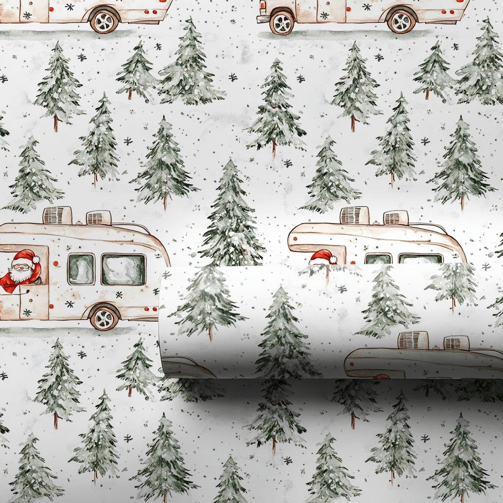 RV Road Trip Christmas Gift Wrap, Santa Camper Wrapping Paper, Watercolor Pine Forest Wrapping Paper