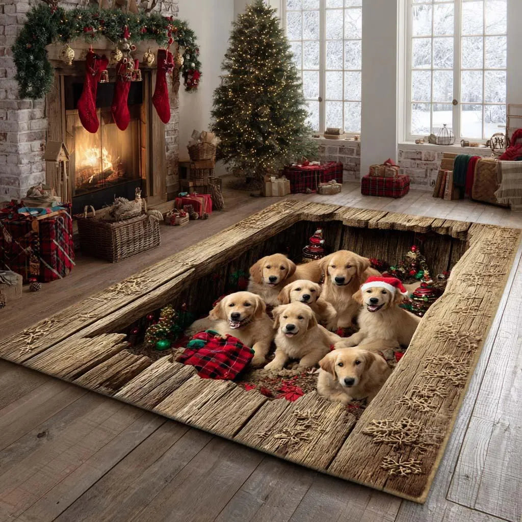 Christmas Dog Area Rug, Rustic Yuletide Golden Retriever Rug, Festive Holiday Pet Floor Carpet, Comfy Non-Slip Present for Do