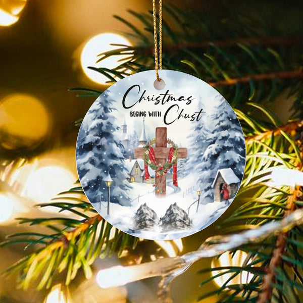 Religious Cross Tree Ornament, Christmas Begins with Christ Ornament, Snowy Village Ceramic Ornament, Christian Holiday Keeps