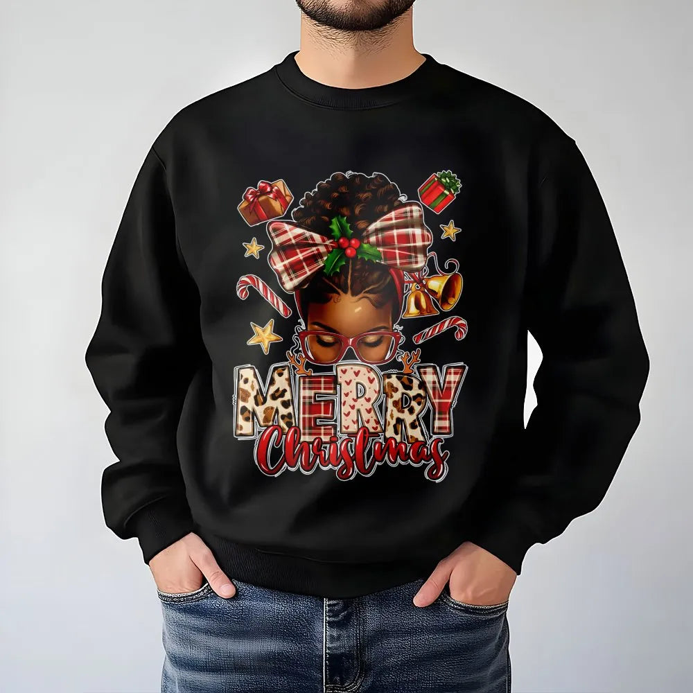 African American Holiday Sweatshirt, Afrocentric Merry Christmas Sweatshirt, Melanin Queen Plaid Bow Sweater, Black Woman Xma