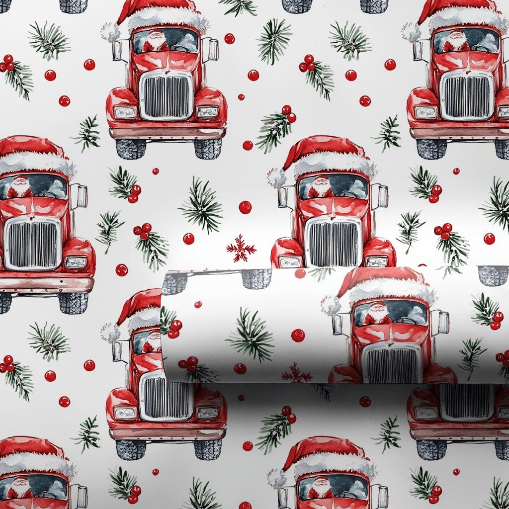 Christmas Trucker Gift Wrap, Santa Driving Semi Truck Wrapping Paper, Holiday Truck Driver Wrapping Paper Rolls, Festive Xmas