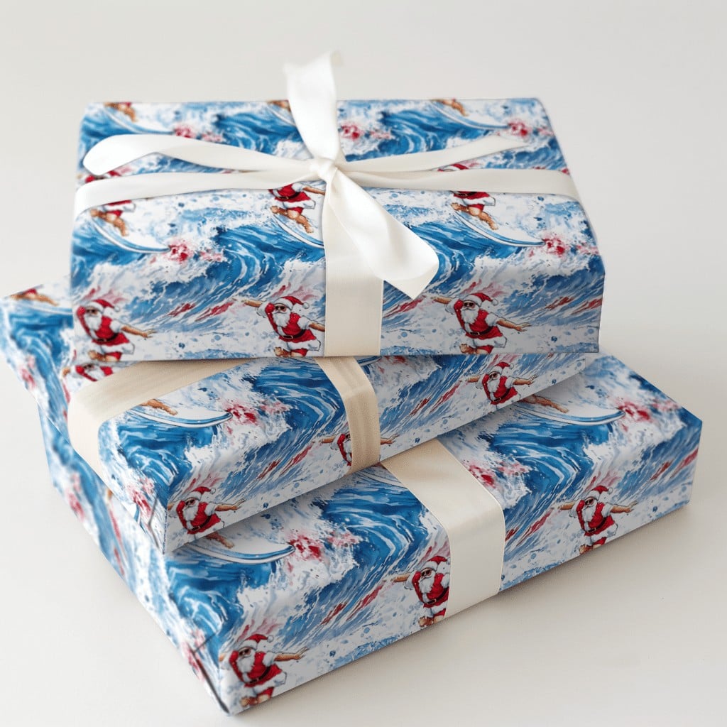 Watercolor Coastal Holiday Gift Wrap, Surfing Santa Christmas Wrapping Paper, Sunglasses Beach Santa Wrapping Paper, Ocean Lo