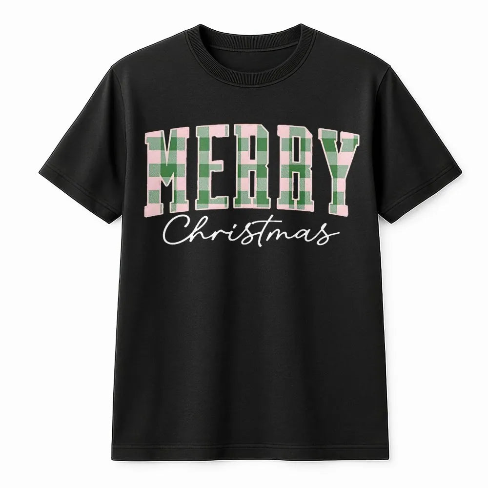 Pastel Buffalo Plaid Holiday Graphic Tee, Merry Christmas T-Shirt, Festive Winter Aesthetic Shirt, Adorable Family Xmas T-Shi