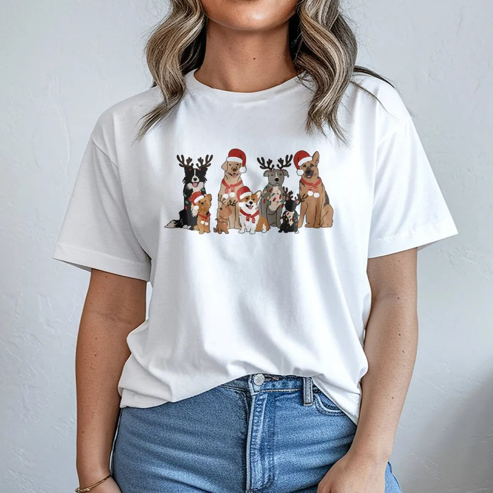 Santa Hat Puppies Holiday Shirt, Christmas Dogs T-Shirt, Adorable Holiday Dog Graphic Tee, Humorous Xmas Puppy Shirt, Dog Lov
