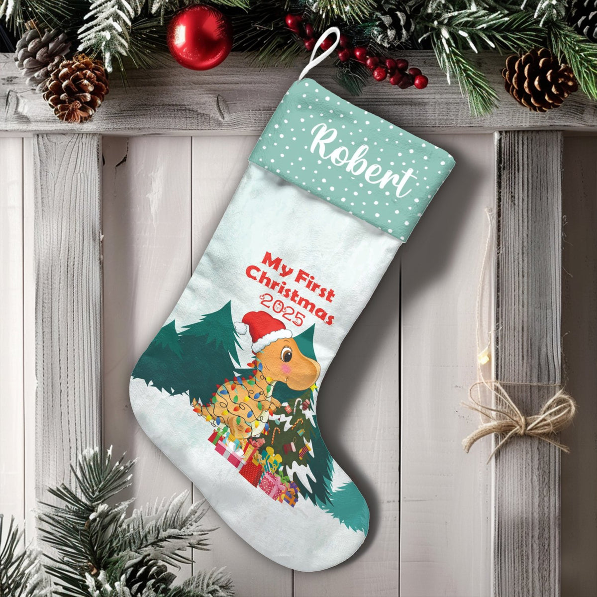 First Christmas 2025 Baby Stocking, Dinosaur Christmas Stocking, Personalized Holiday Stocking, Custom Name Stocking, Xmas Ke