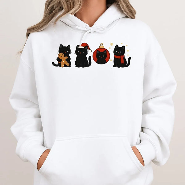 Adorable Holiday Kitten Sweatshirt, Black Cat Christmas Hoodie, Festive Cat Lover Pullover, Spooky Adorable Winter Hooded Swe