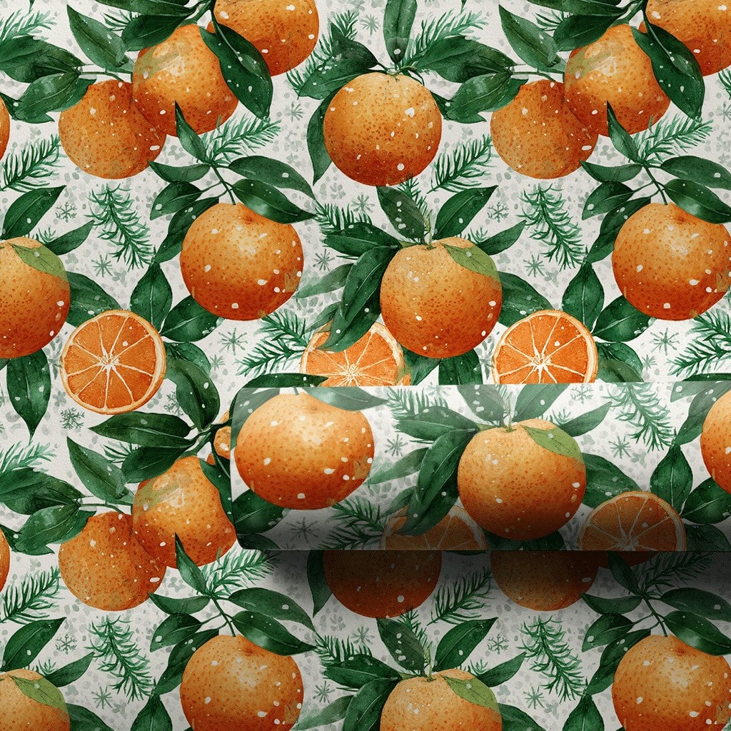 Pine Needle Clementine Gift Wrap, Winter Orange Wrapping Paper, Botanical Citrus Holiday Wrapping Paper, Festive Christmas Wr