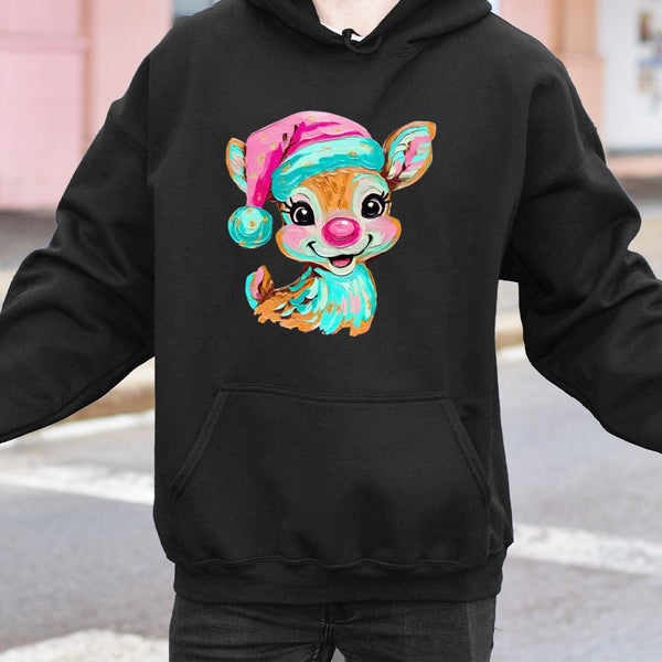 Artistic Brushstroke Holiday Hoodie, Adorable Reindeer Christmas Hoodie, Comfy Winter Pullover Hoodie, Retro Xmas Sweatshirt,