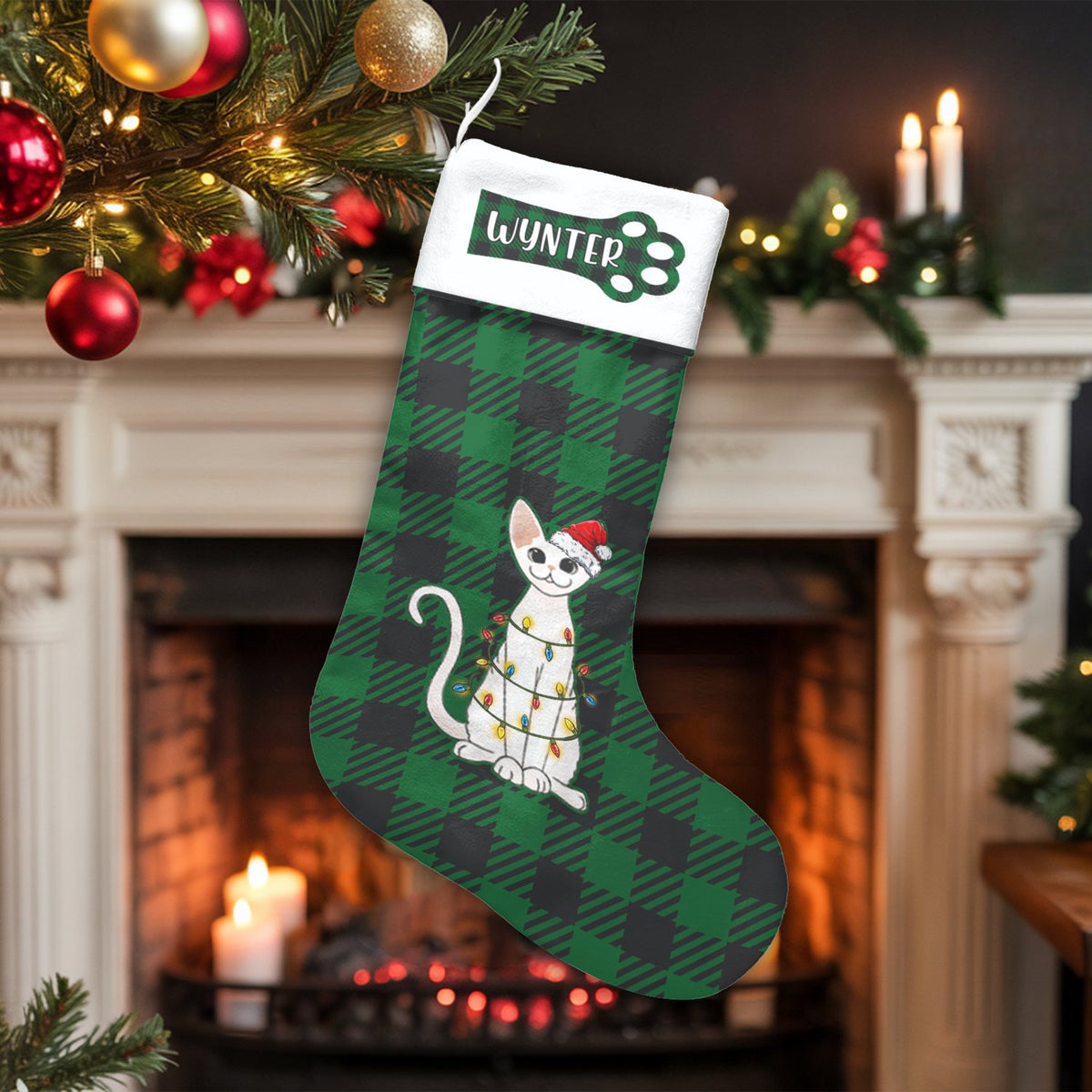 Buffalo Plaid Cat Stocking, Personalized Cat Christmas Stocking, Custom Name Pet Stocking, Holiday Decor Stocking, Pet Lover 