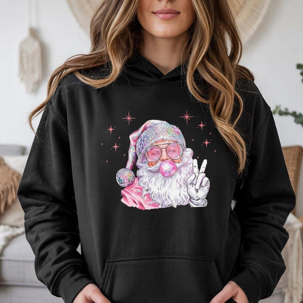 Retro Bubblegum Santa Claus Hoodie, Disco Santa Hoodie, Adorable Christmas Graphic Hoodie, Festive Holiday Pullover Sweatshir