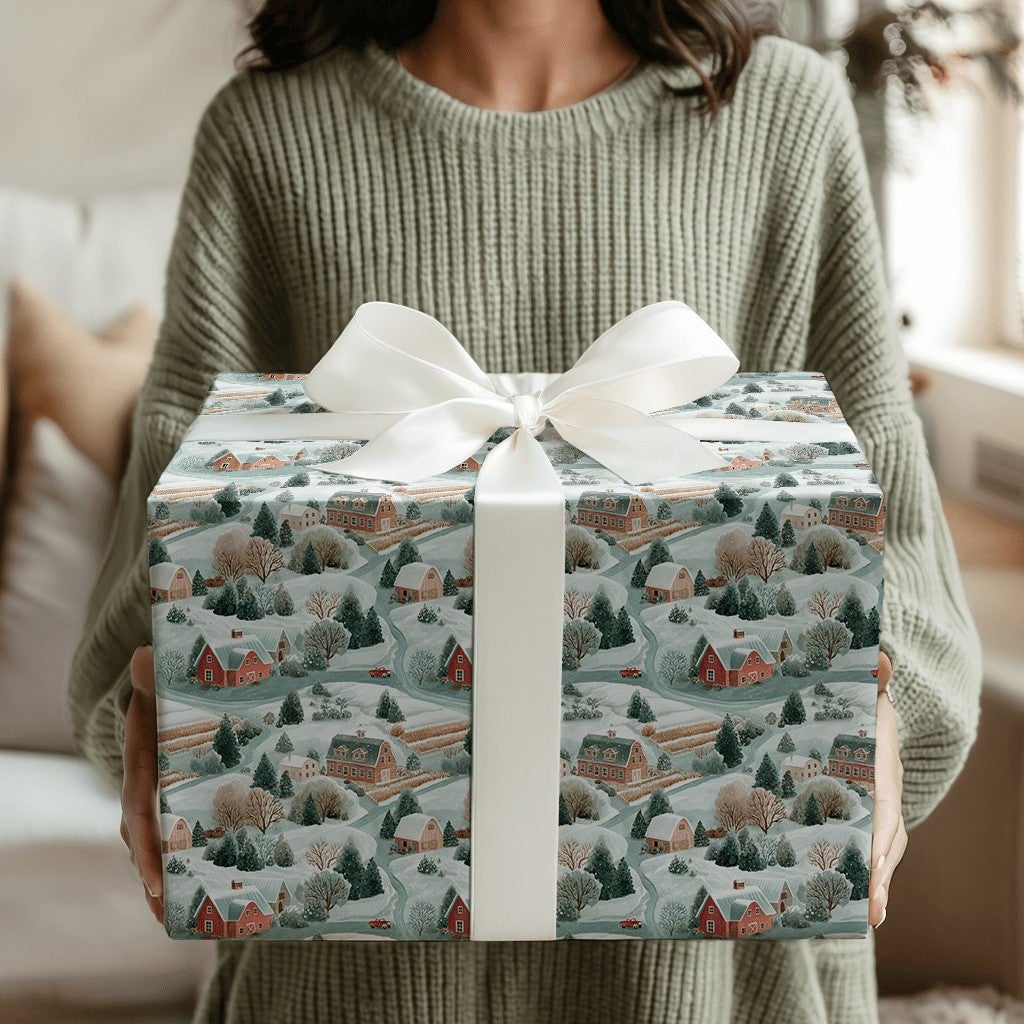 Rustic Farmhouse Gift Wrap, Winter Barn Christmas Wrapping Paper, Snowy Village Holiday Wrapping Paper, Country Landscape Pre