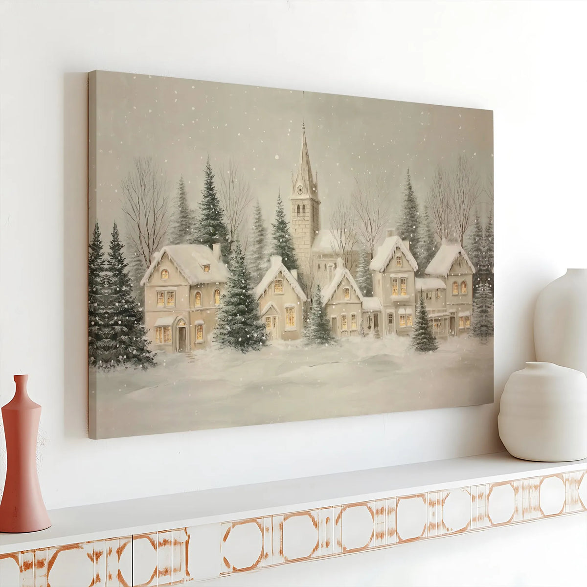 Winter Church Town Landscape Canvas Print, Snowy Christmas Village Canvas Wall Art, Festive Holiday Wall Decor, Merry Xmas Ho