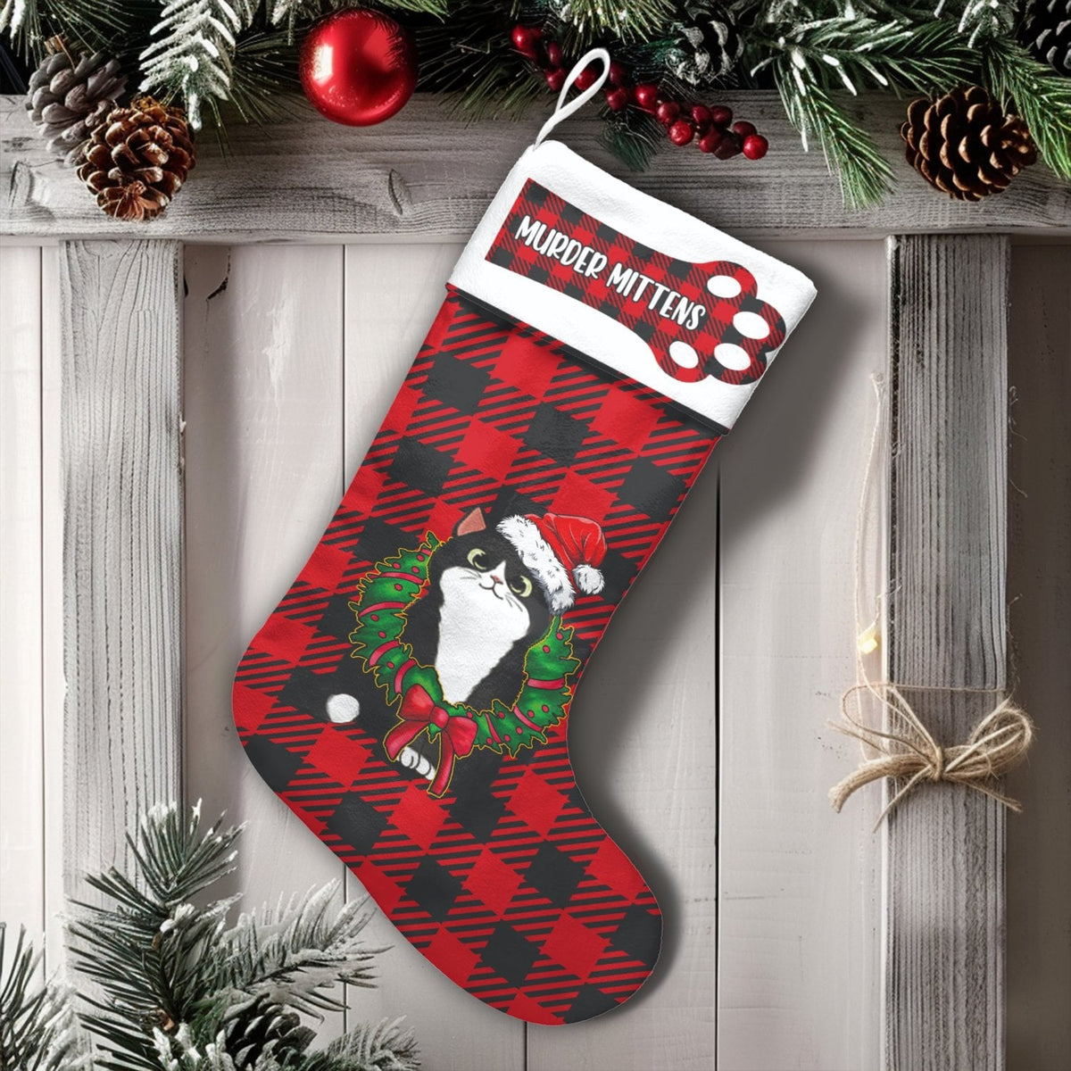 Humorous Black Cat Holiday Stocking, Personalized Murder Mittens Cat Christmas Stocking, Custom Pet Name Xmas Stocking, Pet L