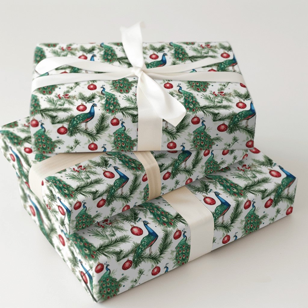 Pine Branch Bird Gift Wrap, Watercolor Peacock Christmas Wrapping Paper, Red Ornament Wrapping Paper, Elegant Winter Holiday 