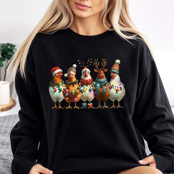 Festive Farm Animal Holiday Sweater, Christmas Chicken Lights Sweatshirt, Adorable Xmas Farmer Pullover Crewneck, Homestead H