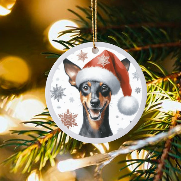 Min Pin Dog Christmas Ornament, Miniature Pinscher Santa Hat Ceramic Ornament, Adorable Puppy Holiday Tree Ornament, Dog Love