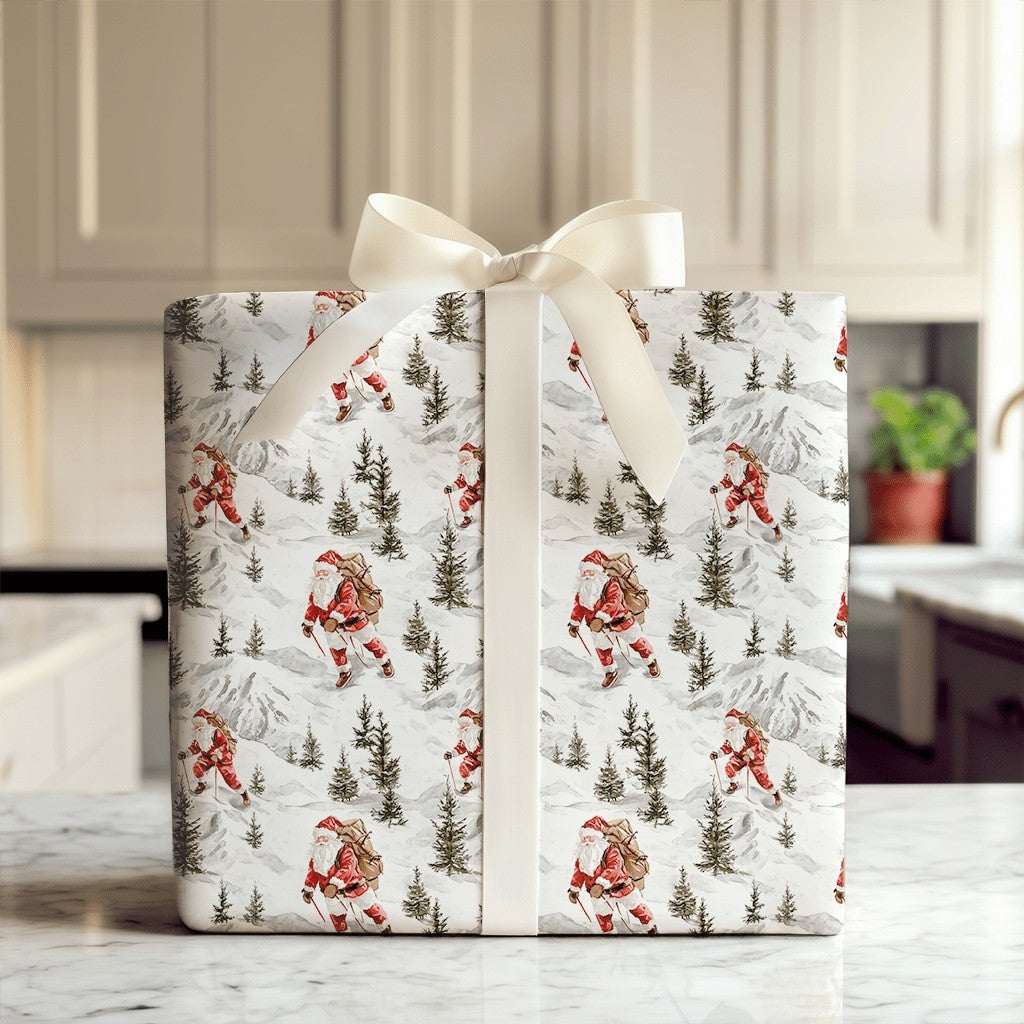 Mountain Expedition Christmas Gift Wrap, Hiking Santa Wrapping Paper, Watercolor Outdoor Santa Claus Present Paper, Rustic Wi
