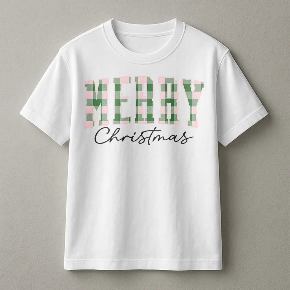 Pastel Buffalo Plaid Holiday Graphic Tee, Merry Christmas T-Shirt, Festive Winter Aesthetic Shirt, Adorable Family Xmas T-Shi