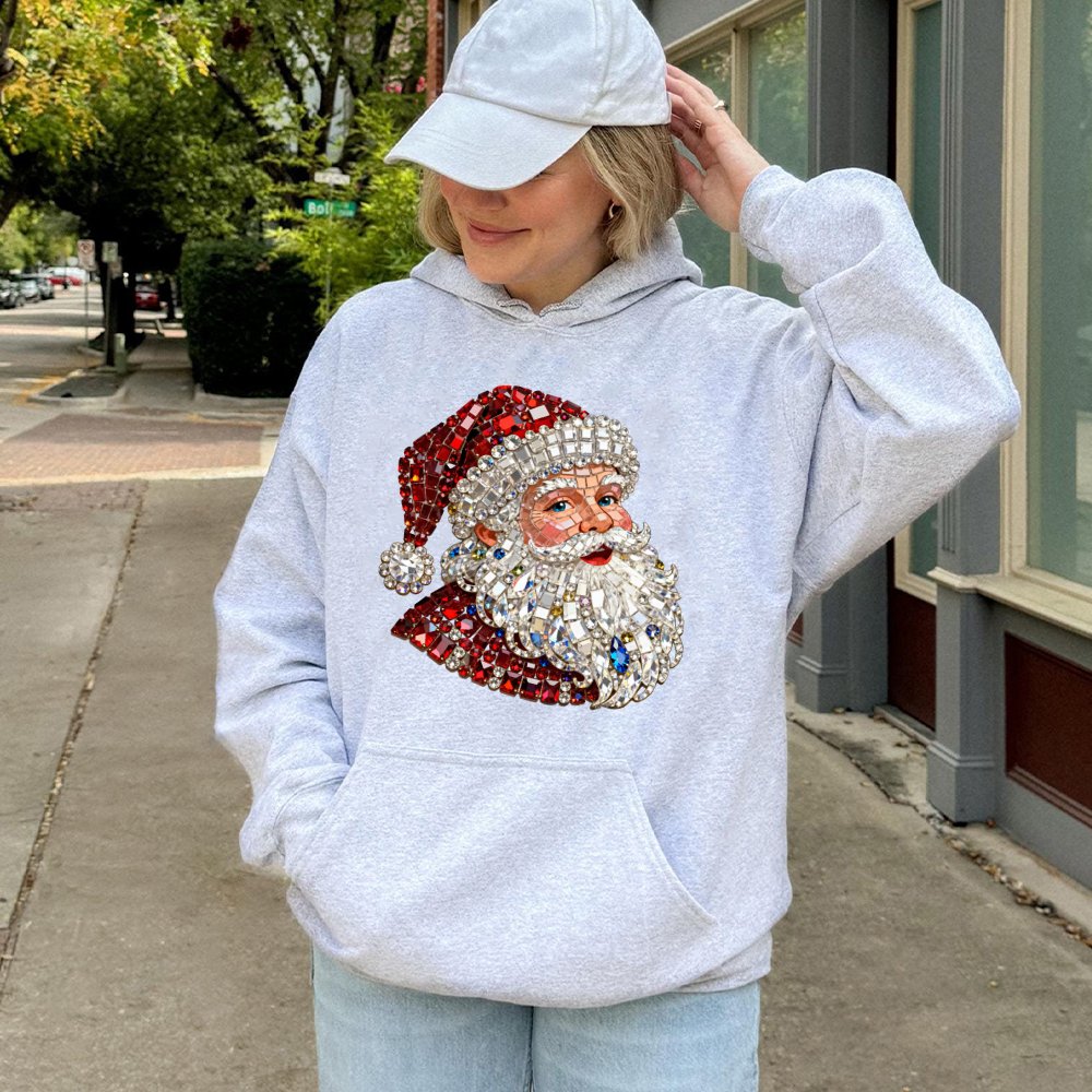 Sparkly Gemstone Christmas Hoodie, Jeweled Santa Hoodie, Retro Santa Graphic Hoodie, Festive Holiday Pullover Sweatshirt, Win
