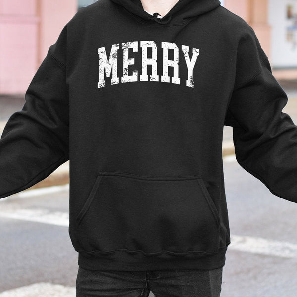 Distressed Holiday Lettering Sweatshirt, Retro Varsity Merry Christmas Hoodie, Vintage Winter Season Hooded Pullover Present