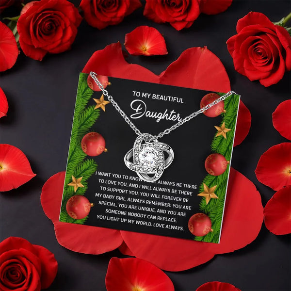 Rotating Rose Box Love Knot Pendant, Daughter Christmas Love Knot Necklace, White Gold Finish Necklace, Holiday Present for D