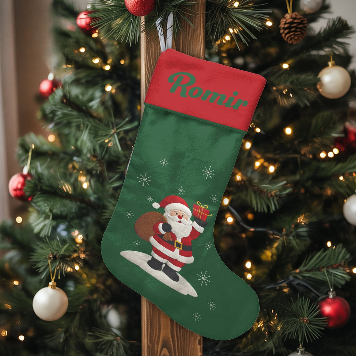 Custom Beach Holiday Stocking, Personalized Surfing Santa Christmas Stocking, Tropical Santa Christmas Stocking, Family Mante