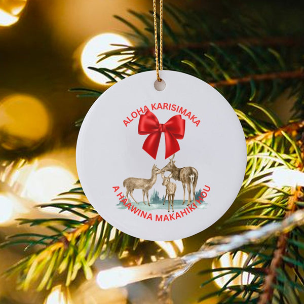 Hawaiian Christmas Ornament, Aloha Kalikimaka Deer Family Ornament, Tropical Holiday Ceramic Ornament, Island Christmas Tree 