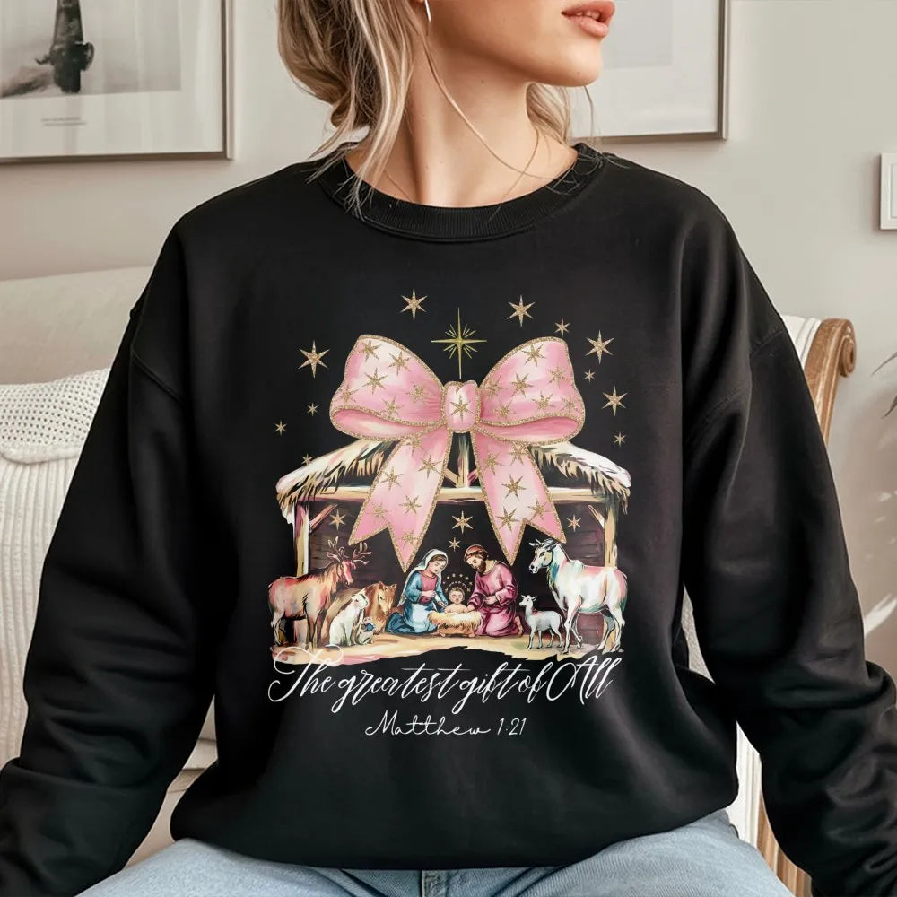Coquette Pink Bow Manger Sweatshirt, Nativity Christmas Sweatshirt, Adorable Christian Holiday Crewneck, Religious Faith Grap