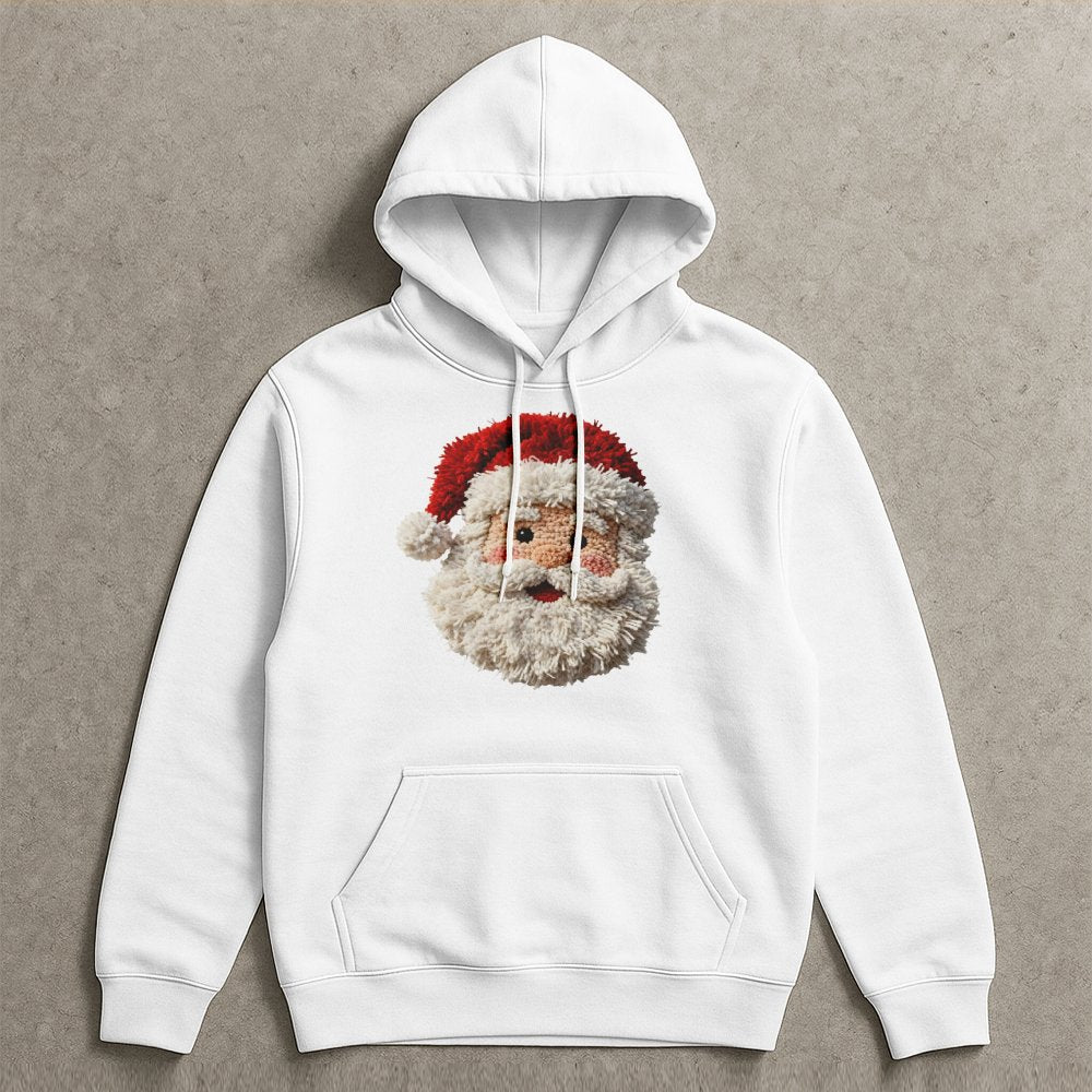 Faux Yarn Crochet Christmas Hoodie, Punch Needle Santa Hoodie, Vintage Santa Claus Hooded Sweatshirt, Comfy Holiday Pullover 