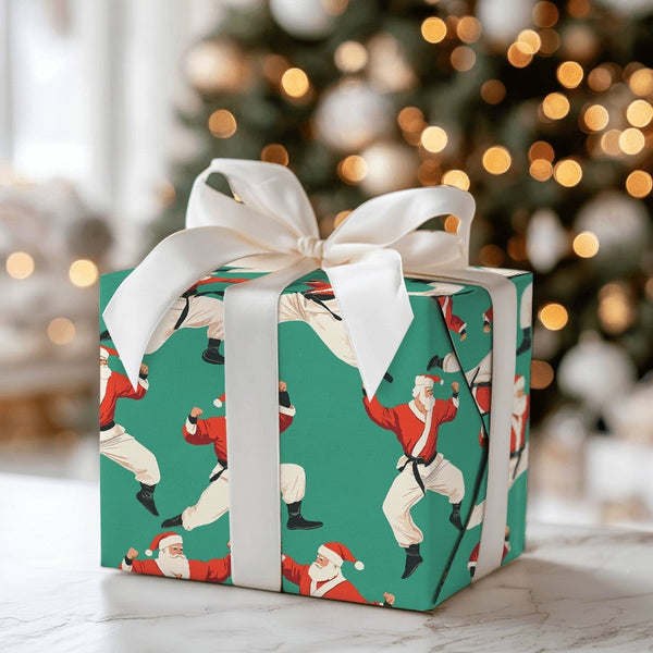 Teal Martial Arts Christmas Gift Wrap, Karate Santa Wrapping Paper, Black Belt Santa Wrapping Paper, Humorous Holiday Karate 