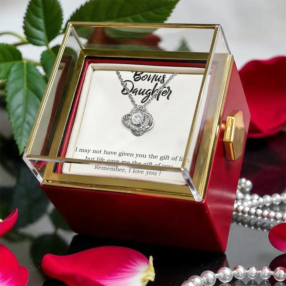 Stepdaughter Love Knot Pendant with Rose Box, Bonus Daughter Love Knot Necklace, CZ Crystal Love Knot Necklace, Birthday Chri