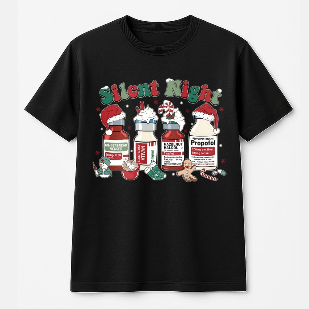 Humorous Medical Holiday Hospital Tee, Silent Night Nurse Christmas T-Shirt, ICU RN Nurse Christmas Graphic T-Shirt, Nursing 