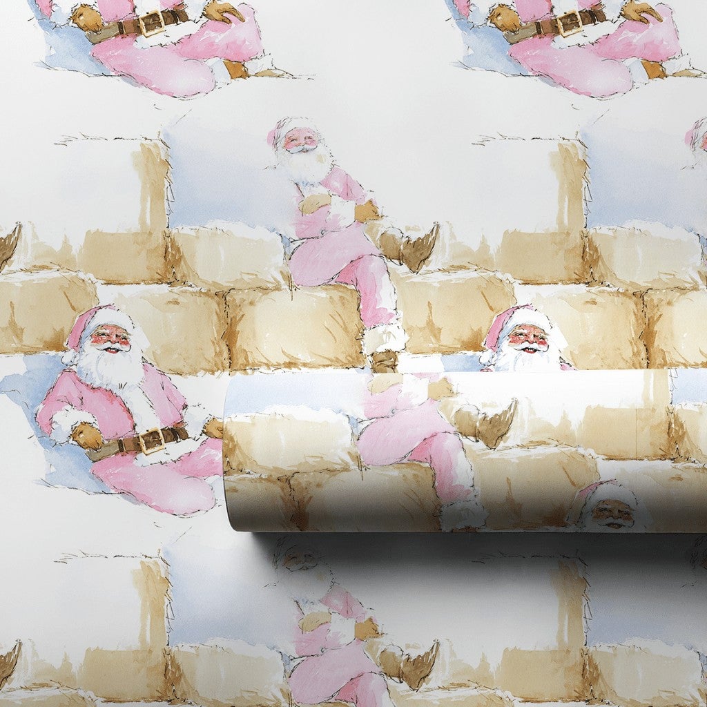 Rustic Hay Bale Christmas Gift Wrap, Pink Santa Wrapping Paper, Watercolor Country Holiday Wrapping Paper, Whimsical Western 