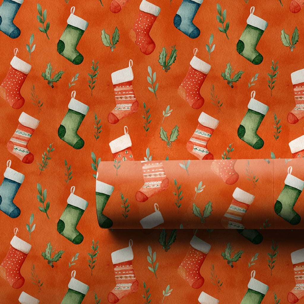 Watercolor Greenery Wrapping Paper, Christmas Stocking Wrapping Paper, Orange Holiday Gift Wrap, Festive Winter Present Wrapp