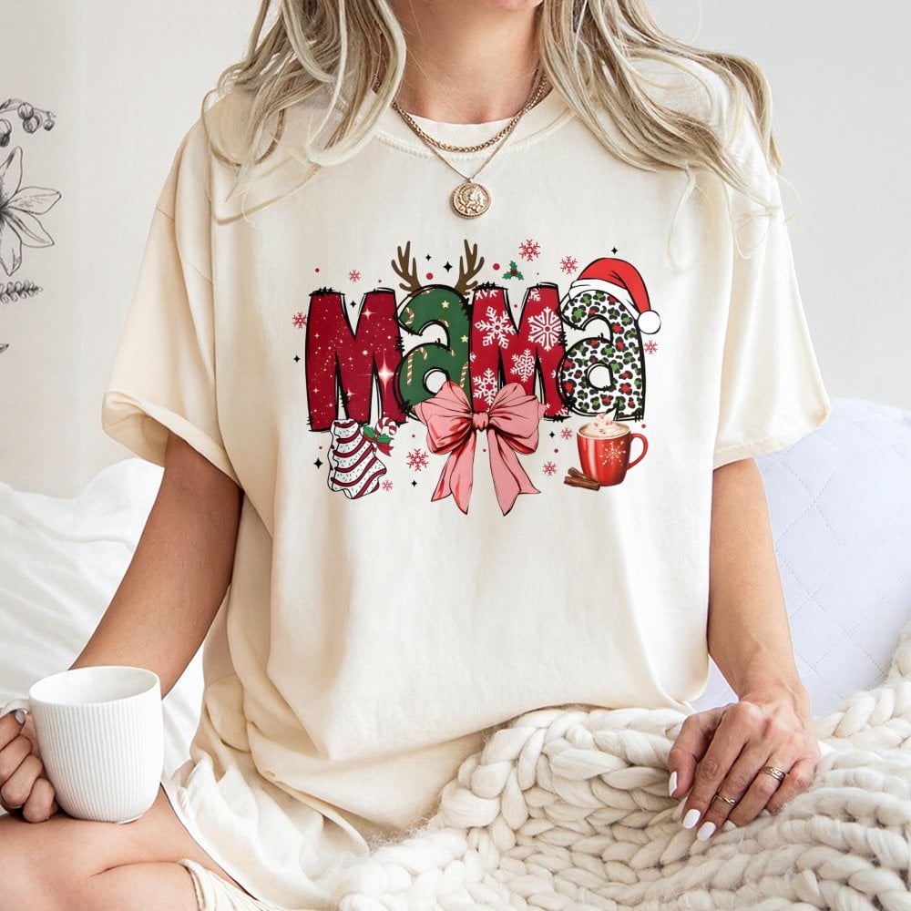 Festive Leopard Print Mama Shirt, Christmas Mama T-Shirt, Adorable Mom Graphic Tee, Retro Holiday Mama T-Shirt, Christmas Pre