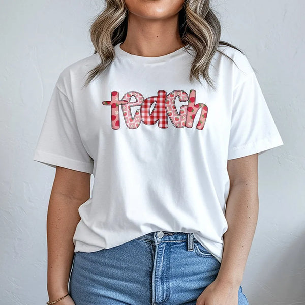 Teacher Sweatshirt | Strawberry and Gingham 'Teach' Graphic | Cozy Cotton Blend | Back to School Gift for Her