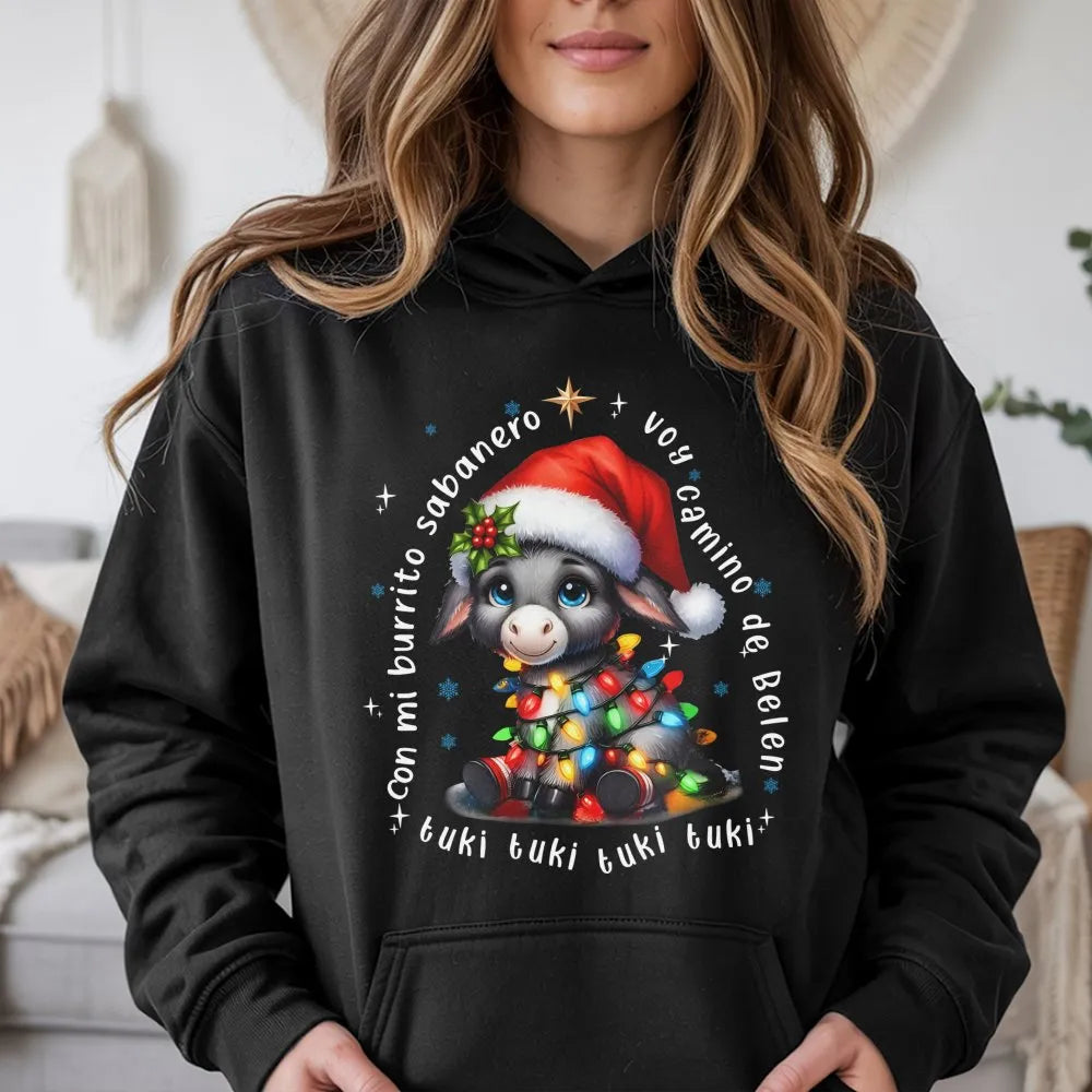 Adorable Donkey Christmas Lights Sweatshirt, Mi Burrito Sabanero Hoodie, Spanish Villancico Holiday Pullover, Festive Latino 