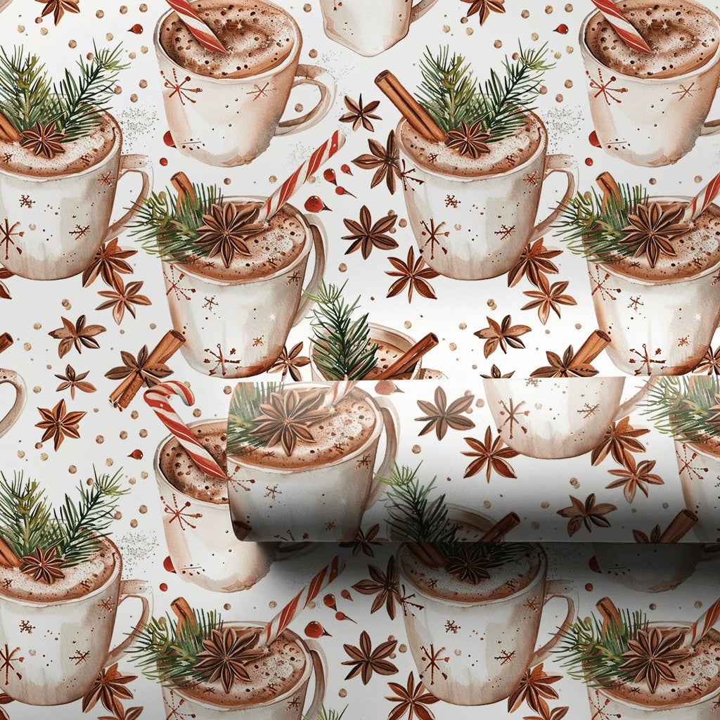 Comfy Winter Mug Gift Wrap, Hot Chocolate Christmas Wrapping Paper, Watercolor Cocoa Holiday Wrapping Paper, Festive Winter P