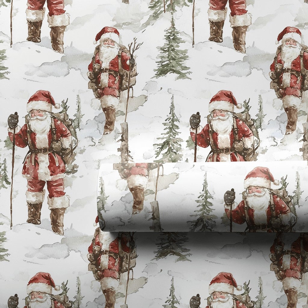Snowy Forest Christmas Gift Wrap, Vintage Hiking Santa Wrapping Paper, Watercolor Santa Claus Present Paper, Rustic Holiday P
