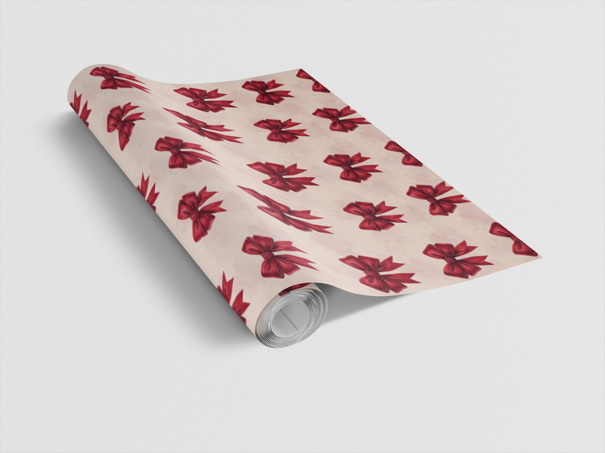 Ribbon Christmas Gift Wrap, Scarlet Promise Red Bow Wrapping Paper, Elegant Red Bows Present Wrap, Birthday and Holiday Gift 