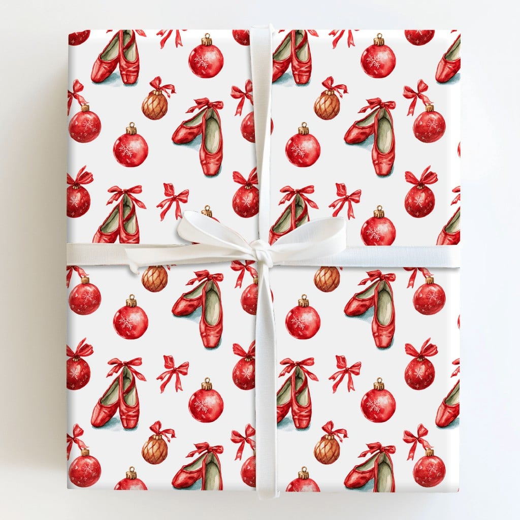 Christmas Nutcracker Gift Wrap, Ballet Pointe Shoes Wrapping Paper, Red Ribbon Holiday Wrapping Paper, Ballerina Dancer Gift 