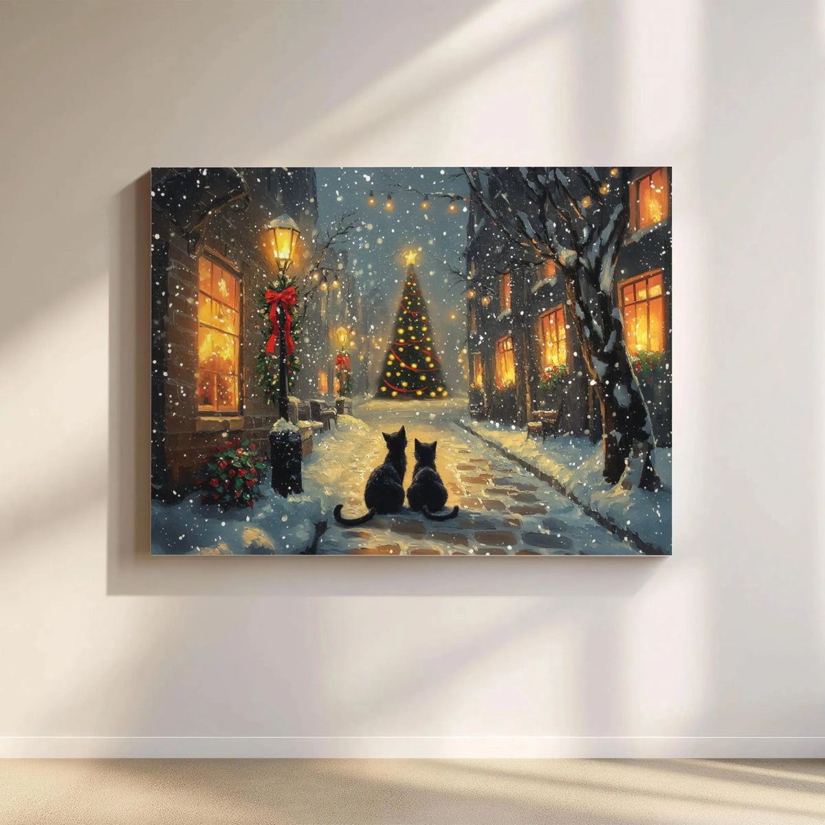 Snowy Village Holiday Street Canvas Wall Art, Black Cat Christmas Canvas Print, Winter Cat Landscape Canvas, Holiday Home Dec