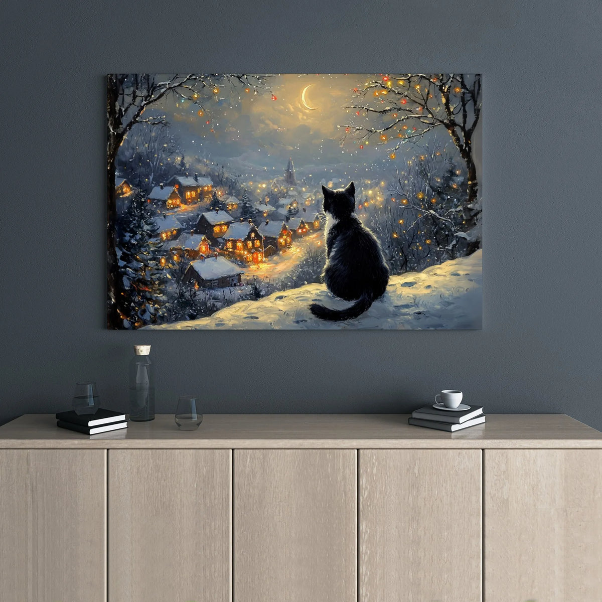 Snowy Christmas Night Art Poster, Black Cat Winter Village Canvas Wall Art, Comfy Holiday Wall Decor Print, Cat Lover Digital