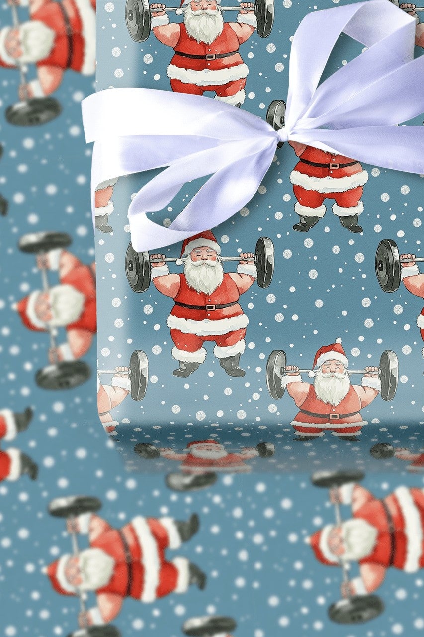 Fitness Christmas Gift Wrap, Weightlifting Santa Wrapping Paper, Humorous Gym Holiday Present Paper, Barbell Workout Xmas Gif