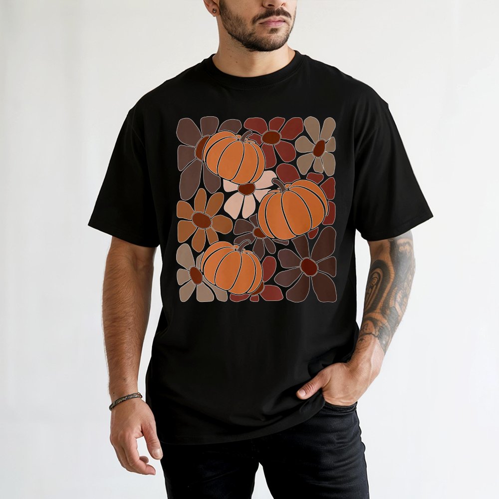 Boho Pumpkin T-Shirt | Retro Floral Autumn Graphic | 100% Cotton Fall Apparel | Thanksgiving Gift For Her