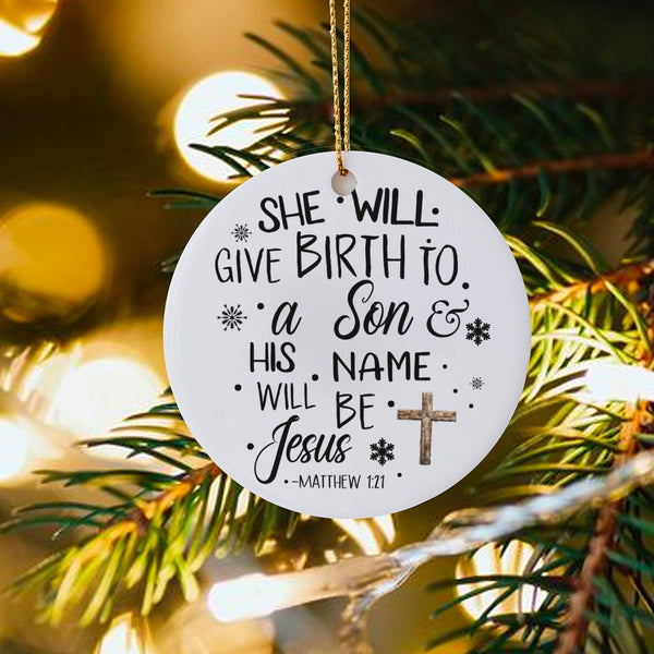 Religious Bible Verse Christmas Ornament, Matthew 1:21 Scripture Ceramic Ornament, Christian Holiday Tree Ornament, Faith Fam