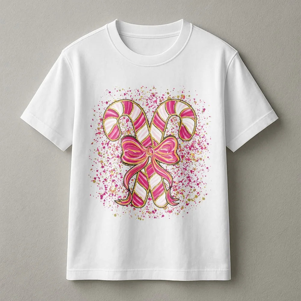 Coquette Bow Graphic Tee, Pink Candy Cane Christmas T-Shirt, Preppy Holiday Shirt, Adorable Aesthetic Xmas Graphic T-Shirt, P